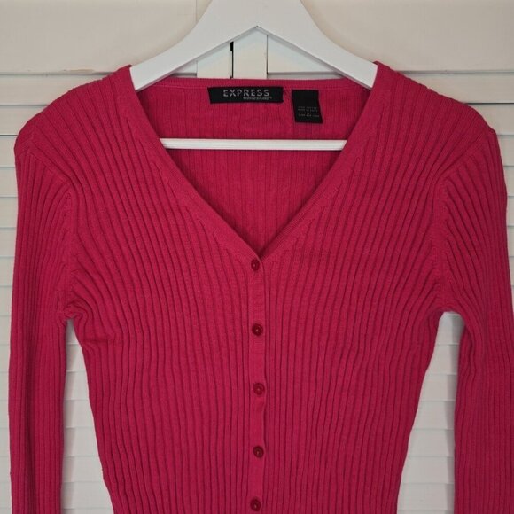 EXPRESS Rib Cotton Button Cardigan Pink Slim Long Sleeve V Neck Women Large Y2K - Picture 3 of 12